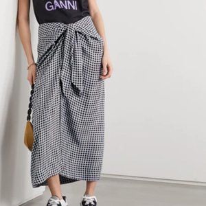 NWT ✨ GANNI Printed Tie-front Checked Crepe Midi Skirt | Blue Gingham | Size L
